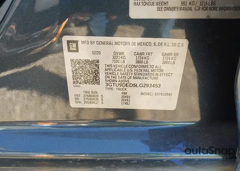 2020 GMC Sierra K1500 Slt из США, поврежденный, VIN 3GTU9DED5LG293453